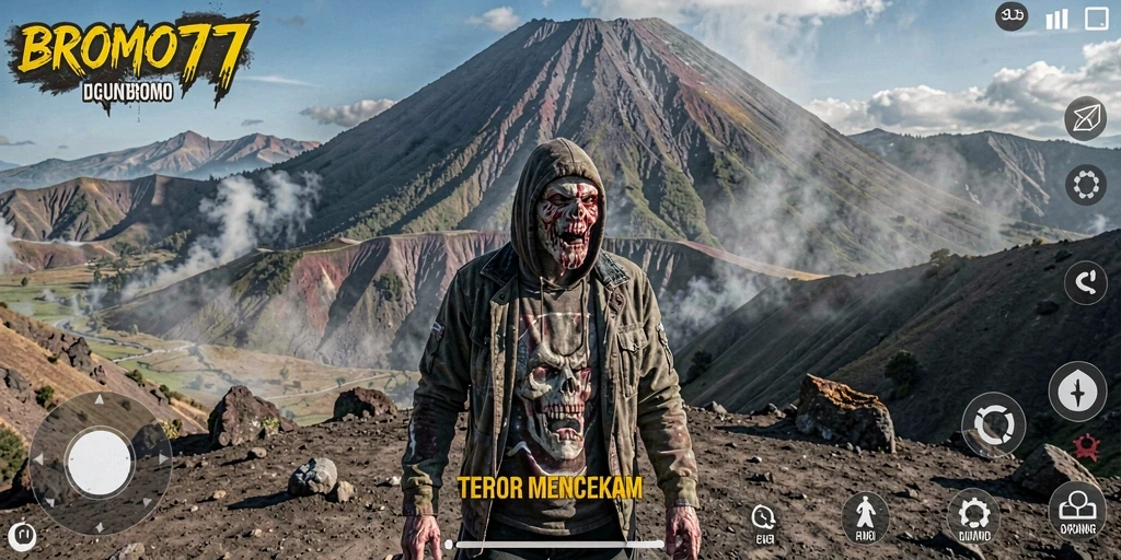 Tampilan gameplay menegangkan dari BROMO77 di Gunung Bromo.