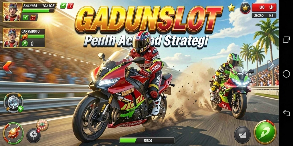 Screenshot GADUNSLOT menampilkan aksi balapan motor yang seru.