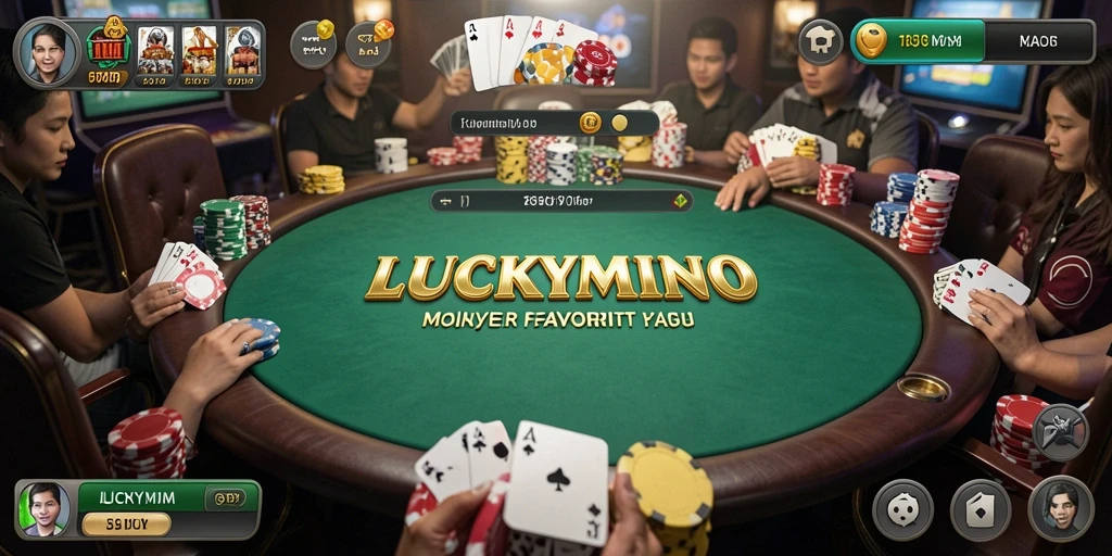 Screenshot gameplay LUCKYMINO menampilkan meja poker yang menegangkan dan interaksi antar pemain.