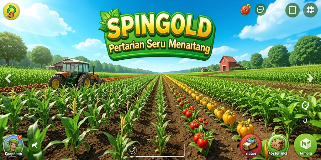 Tangkapan layar gameplay SPINGOLD menunjukkan keindahan pertanian.